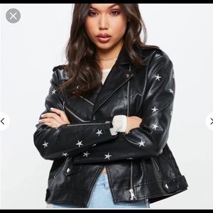 Missguided Black Star embroidery leather jacket